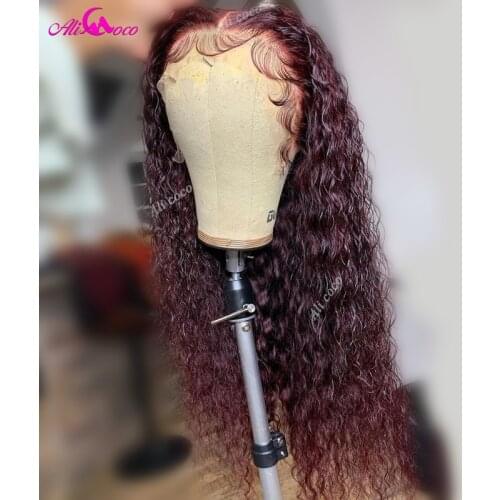 Ali Coco 99j Colored Jerry Curly Human Hair Lace Front Wigs 180% Density Red Colored 13x4 Lace Frontal Wig Pre Plucked