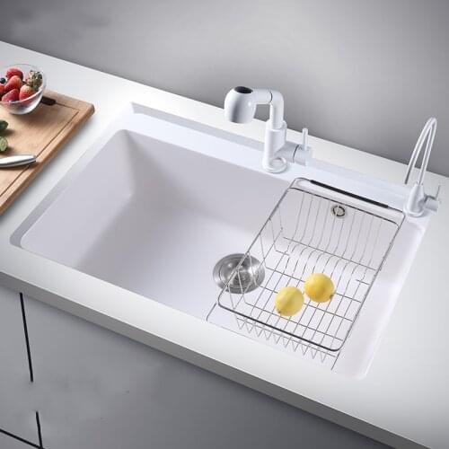 White Quartz Stone Sink with Faucet, Kitchen Sink Basket Kitchen Single Bowl Undermount Above Counter Kitchen Sinks Tap