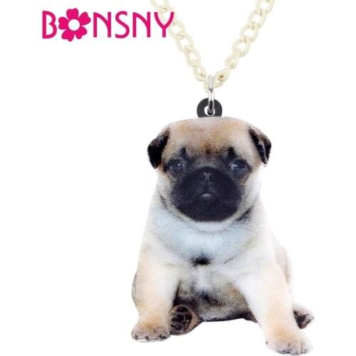 Bonsny Acrylic Sweet Sitting Pug Dog Necklace Pendant Chain Choker Cute Animal Jewelry For Women Girls Pet Lovers Gift Wholesale