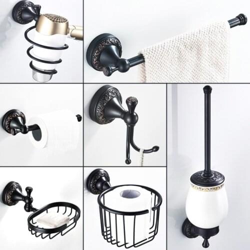 Black Bathroom Accessories Antique Double Robe Hook Wall Mount Bathroom Shower Soap Dish Basket Hairdryer Holder Brass Grab Bar