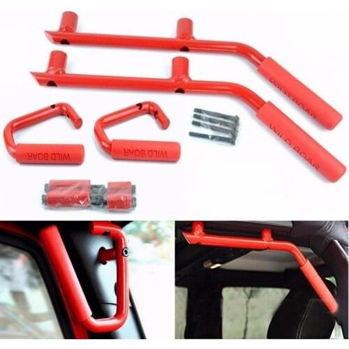 For Jeep Wrangler Accessories Front & Rear Red Solid Steel Grab Handle for 2007 - 2017 Jeep Wrangler 4-Door Black Grab Bar