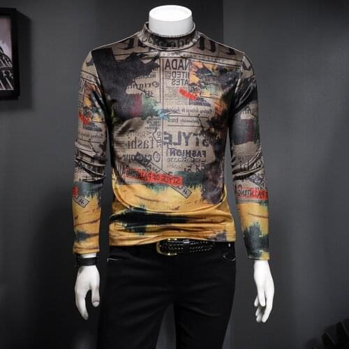 Flannel Fabric Long-sleeved Tight Fashion Printing Casual Men Autumn Winter Mens Half-high Collar Slim T-shirt