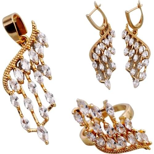Trendy Wedding Fashion Jewelry Sets accessories White Zircon Women Luxury Butterfly Rose Drop Earrings Rings Necklace Pendant