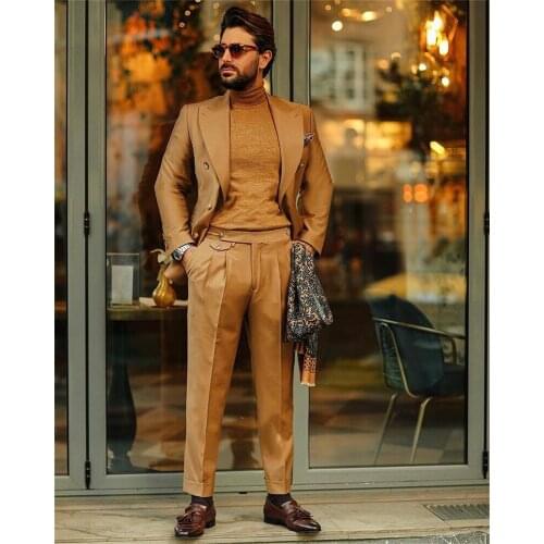 Brown Two Pieces Spring Mens Suit Double Breasted Wedding Groom Suit Tuxedos Lapel Cotton Formal Custom Made Party Suit