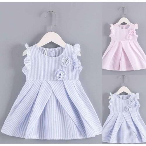 Summer Girl Dress 1-5T Round Neck Pleated Children Girls Button Placket Dresses Casual Childrens Clothing for Hiking