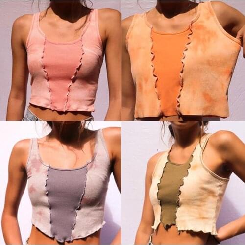 Summer Women T-Shirts Crop TopsPatchwork Curved Hem Round Neck T-Shirts Ribbed Patchwork Vest T-Shirts