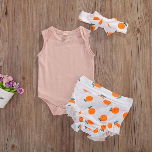 Newborn Baby Girl Summer Outfits, Sleeveless Solid Romper + Ruffle Shorts + Headband 3PCS Clothes Set