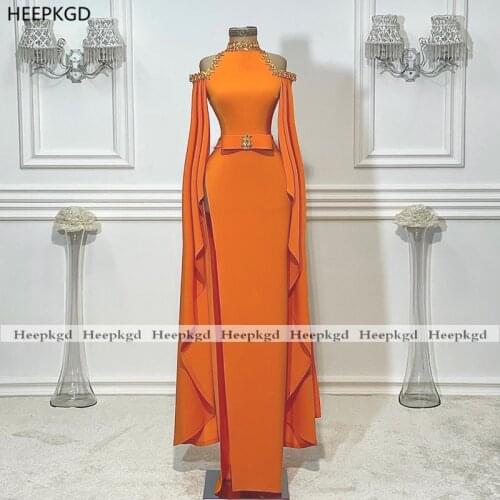 New 2021 Orange Long Sleeves Evening Dress With Crystals Off The Shoulder High Slit Women Formal Occasion Party Evening Gowns