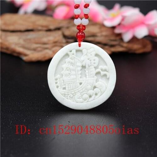 Natural White Chinese Jade Sailboat Pendant Necklace Charm Jewellery Fashion Accessories Carved Amulet Gifts for Women Men