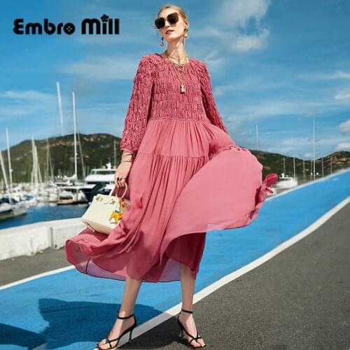 Womens Autumn New Street Style O-Neck Loose Mid-Length Mulberry Silk Wrist Sleeve Elastic Folds Elegant A-Line Dress S-XL