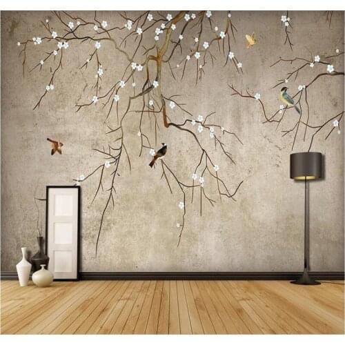 Custom wallpaper hand-painted brushwork flower bird plum background wall decoration painting high-grade waterproof material