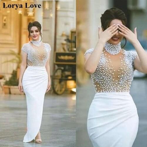 Luxury Beading Pearls Evening Dresses Mermaid Formal Party Vestidos 2020 High Neck Robe De Soiree Satin Prom Gowns Long Dress