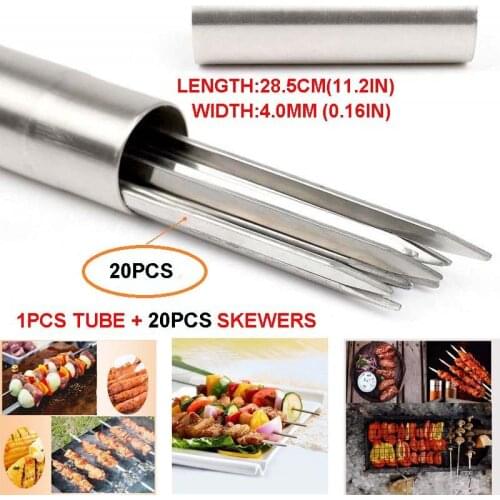 20pcs 30CM Stainless Steel Kabob Skewer For Grilling Flat Metal BBQ Skewers with Storage Tube Reusable Sticks for Babecue Skewer