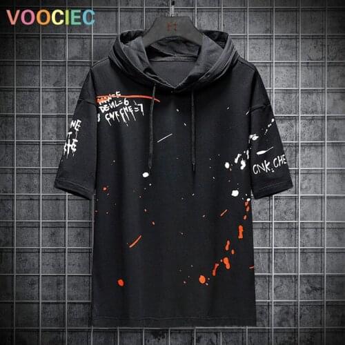 VOOCIEC 2020 Mens Hoodies Men Summer Black Graffiti Short Sleeves Sweatshirt Hip Hop Harajuku Japanese Streetwear Hoodie Men