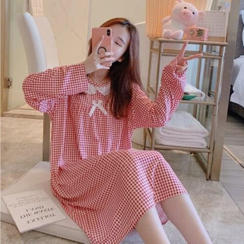 Fdfklak Women night dress long sleeve cotton nightwear nightdress plaid spring summer sleepwear nightgowns loose wear nightshirt