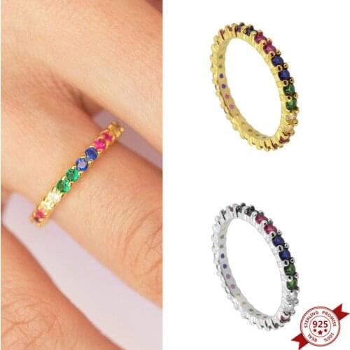 1PC Plated 24K Gold / 925 Silver Colorful Rings for Women Engagement Wedding Ring Simple Rainbow Crystal Finger Rings