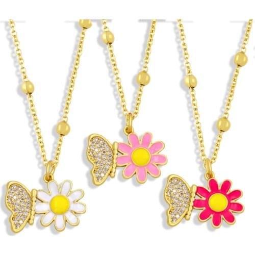 FLOLA Gold Chain Butterfly Flower Necklace Beads White Stone Copper CZ Colorful Enamel Pendant Necklace Girls Jewelry nkey09