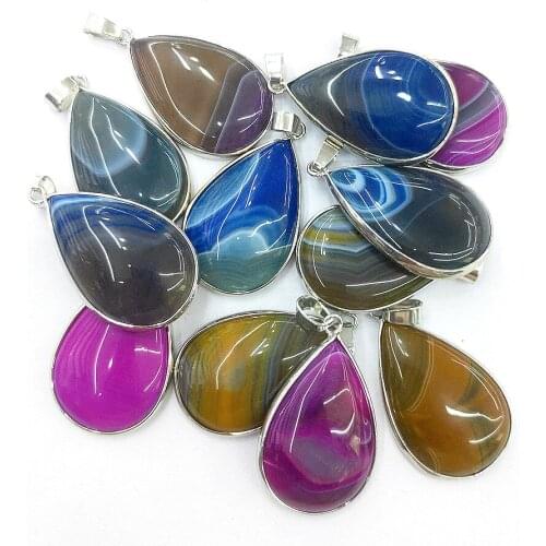 1pc Natural Agates Stripe Stone Drop-shaped Metal edging Pendant Chain for Charms Jewelry Making DIY Necklace Accessories Wicca