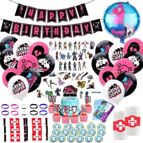 93/44/10pcs Fortnite game theme pink fortress pull flag cake insert card hand ring sticker hanging spin child girl birthday set