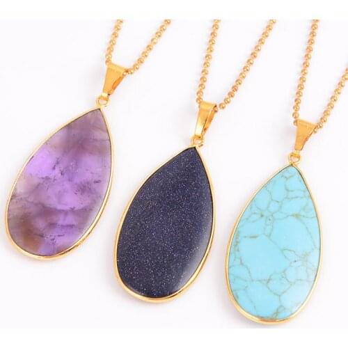 Reiki Chakra Natural Gem Stone Moonstone Bluestone Water drop shape Necklaces & Pendants for Men Women Healing Jewellery D415