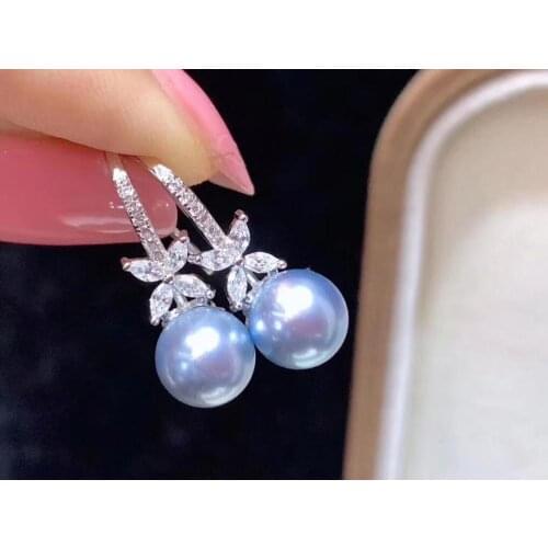 D423 Pearl Earrings Fine Jewelry 925 Sterling Silver Round 8-9mm Fresh Water Blue Color Pearls Drop Earrings for Women Presents