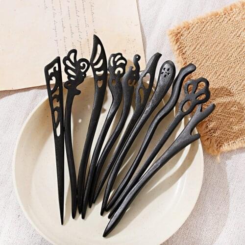 Retro Chinese Style Flower Wood Hairpin Handmade Hollow Carved Black Hair Sticks For Women Hair Accessories Jewelry 2020