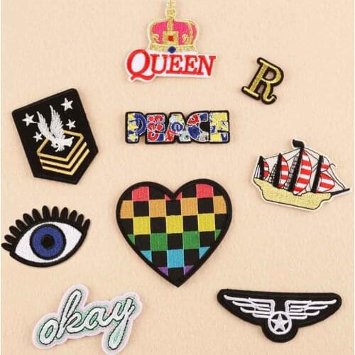 Okay Queen Eye Heart Shape Ship Peace Iron on Full Embroidered Cheap Ironing Cloth Patch For Boys Clothes Jeans Backpacks