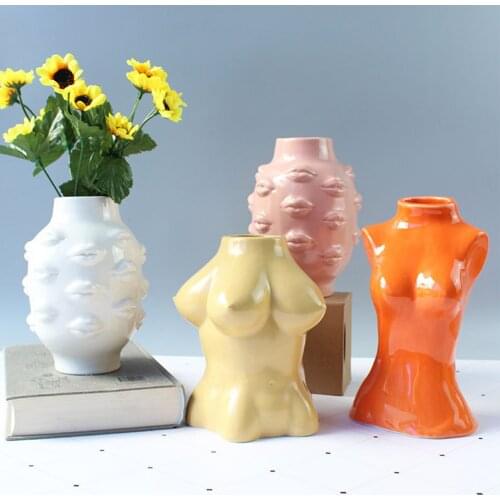 Ceramic Vase Solid Color Lip/Nude Body-Shaped Flowerpot Desktop Decor Decorative Artware for Home Office Shops