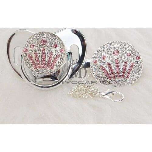 MIYOCAR bling unique design silver pink crown pacifier and clip set BPA free sgs pass safe to baby pacifier holder APCG -1
