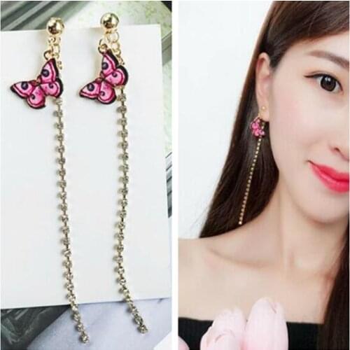 Ex690 Fashion Vintage simple alloy butterfly tassel crystal Alloy chain Article earrings 2021 trend Womens Jewelry