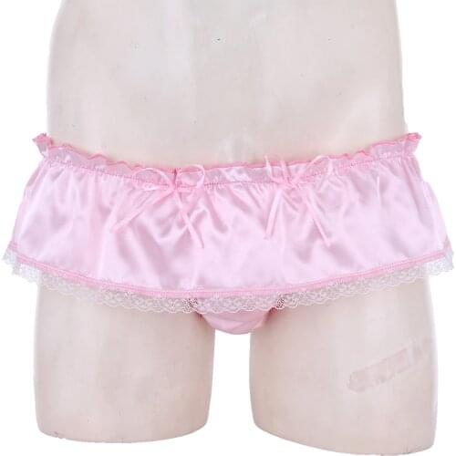 Mens Sissy Lingerie Panties Thongs 2021 Shiny Soft Satin Ruffled Skirted Panties Gay Male Exotic Lace G-string Briefs Underwear