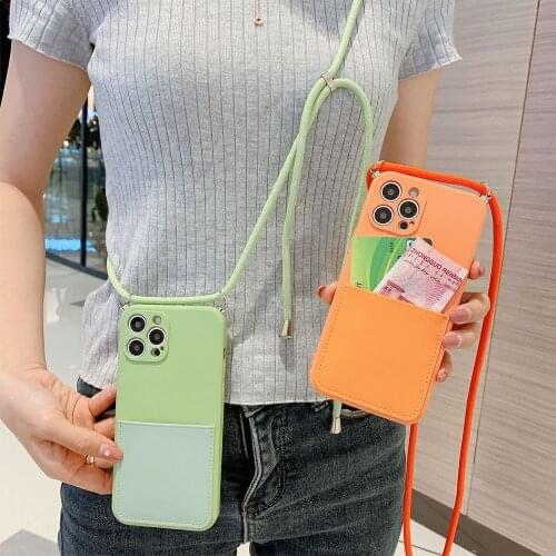 Liquid silicone Wallet Card Crossbody Necklace Lanyard soft phone case for iphone 12 Pro Max 11 Pro MiNi X XR XS 7 8 plus cover