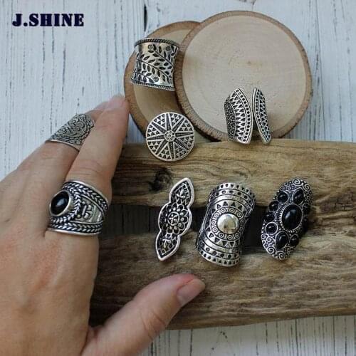 JShine New Bohemia Jewelry Ring Set Tibetan Silver Color Ring 8pcs/Set Female Costume Rings for Women Vintage Indian Jewelry
