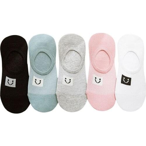 5 Pairs Women Socks Lovely Candy Color With Smile Face Invisible Non-Slip Silicion Cotton Boat Socks Summer Funny Female Sock