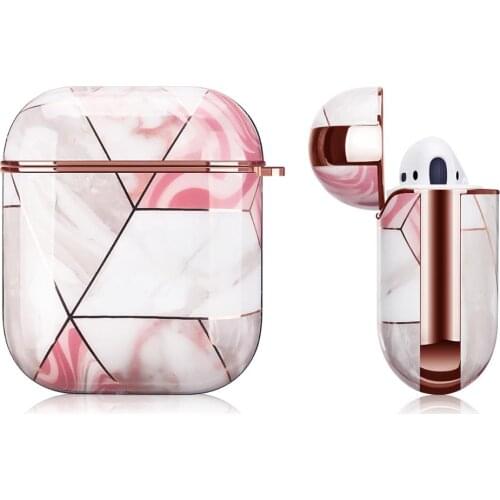 Newest Pink White Marble Wireless Bluetooth Earphone Case For Apple AirPods 1 2 Rose Gold Chrome IMD Hard Cover With Hanger Hook