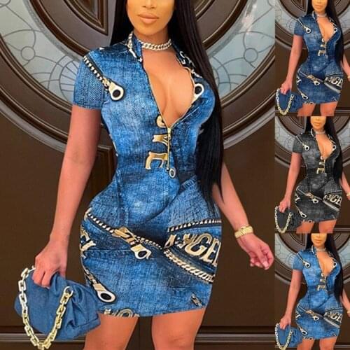 Fitting Dress short Sleeve Elegant Empire V-neck denim bodycon dress woman solid sexy oversize cloth Women Basic Vestidos AC0868