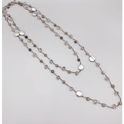 6mm Gray Labradorite Necklace With Freshwater Coin Pearls And Smokey Crystals Knotted Long Jewelry For Women Girls Gifts 50 Inch