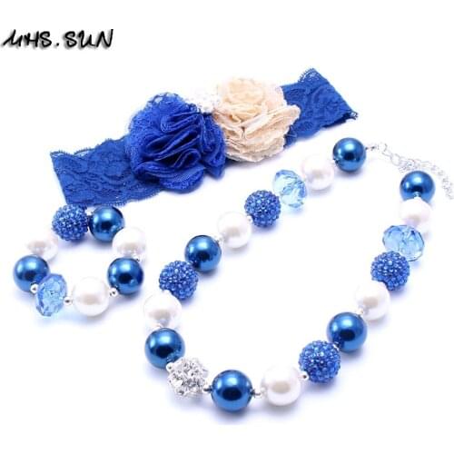 MHS.SUN Cute baby kids girls bubblegum beads necklace bracelets blue flowers headbands hairbands for girls jewelry sets BN069