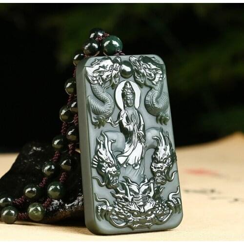 Natural A hetian jade pendants handcarved dragon guanyin lucky green jade jade pendant unique jadeite jade necklace men jewelry