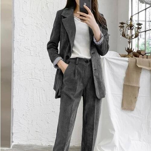2021 Early Autumn Fashion Women Corduroy Pant Suits For Women Office Wear Green Blue Formal 2 Piece Sets Pleuche Straight