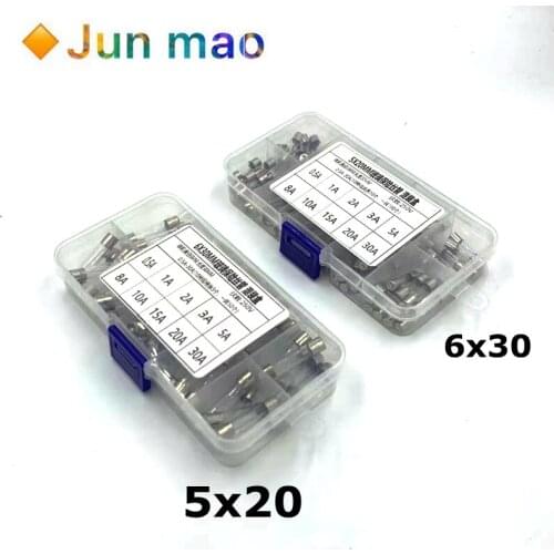 100Pcs/Set 5x20/6x30mm Quick Blow Glass Tube Fuse Assorted Kits,Fast-blow Glass Fuses 0.5A 1A 2A 3A 5A 8A 10A 15A 20A 30A