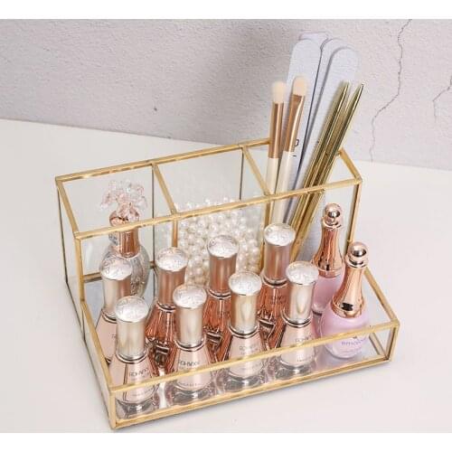 Glass Makeup Organizer Bathroom Cosmetic Organizer With Golden Covered Edge Pencil Box Perfume Makeup Tools Lipstick Organizer
