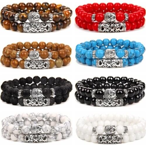 Tibetan Buddha Head Charm Double-layer Bracelets Natural Tiger Eye Lava Stone Beads Bracelet for Women and Men Yoga Jewelry Gift