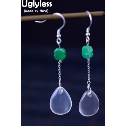 Uglyless 100% Real Solid 925 Sterling Silver Gemstones Earrings for Women Chalcedony Water Drop Earrings Jade Brincos Bijoux