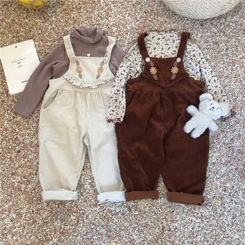 High Quality Floral Embroidery Girls Strap Pants Autumn Winter Warm Corduroy Infant Kids Bodysuit for Toddler Girls Clothing