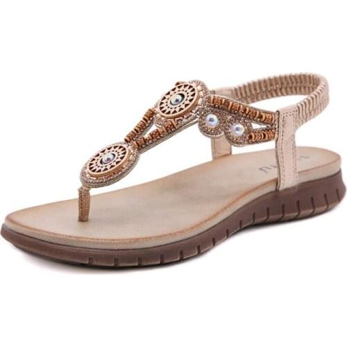 Flat Sandals Women Shoes Flip Flops Sandals Soft Metal Decoration Rhinestone ethnic style Elastic band Summer Sandals 2021 qq535