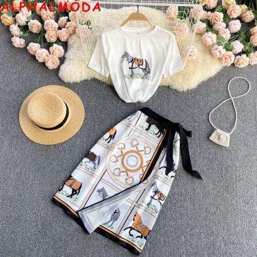 ALPHALMODA 2021 Design Print Suit Womens Summer New Short Sleeve T-shirt + High Waist Slim Skirt Fashion Two Piece Set