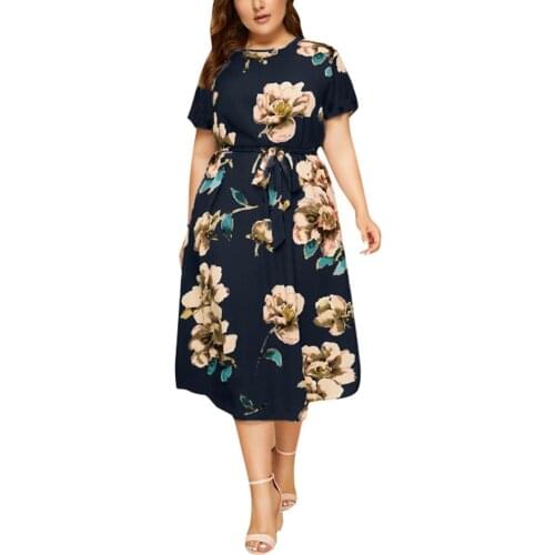 Womens Plus Size Dresses Flower Print Summer Fashion Boho Dress Casual O-neck Short Sleeve Print Waist Strap Dress Vestidos