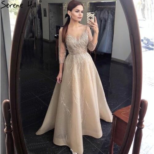 Serene Hill Gold Luxury A-Line Evening Dresses Gowns Long 2021 Beading Sparkle Sexy For Women Party Night BLA70823