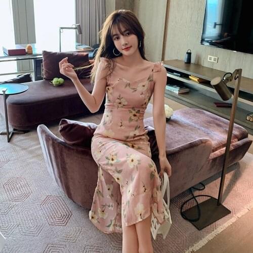 Sexy Floral Print Sleeveless Dress Women Square Collar Bodycon Knee-length Dress Pencil Dress Hip Package Vintage Dress Vestidos